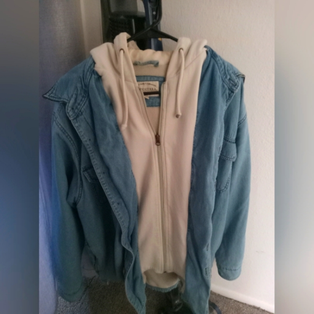 Vintage High Sierra Men's Blue Denim Jacket with White Stiched In  Hoodie